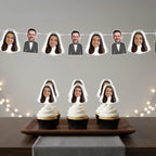 Cupcakes with face cutouts on a wooden tray against a gray background