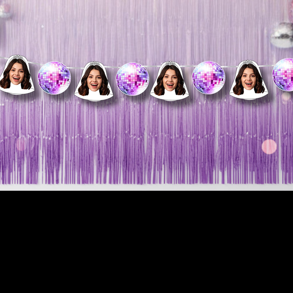 Purple fringe curtain with disco ball decorations and a person's face in each disco ball.