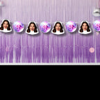 Purple fringe curtain with disco ball decorations and a person's face in each disco ball.