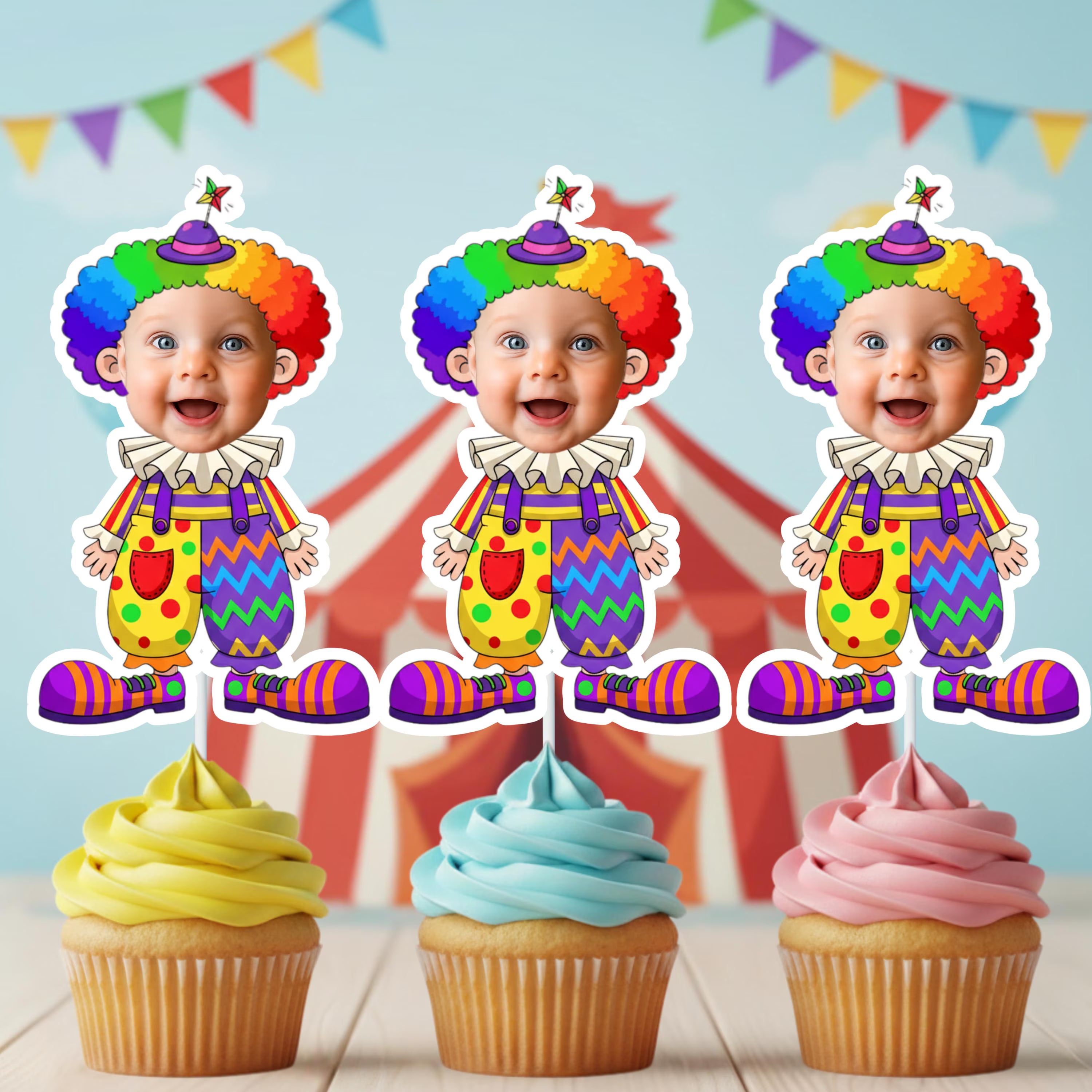 Three clown-themed cupcake toppers on cupcakes with colorful frosting against a circus tent background.
