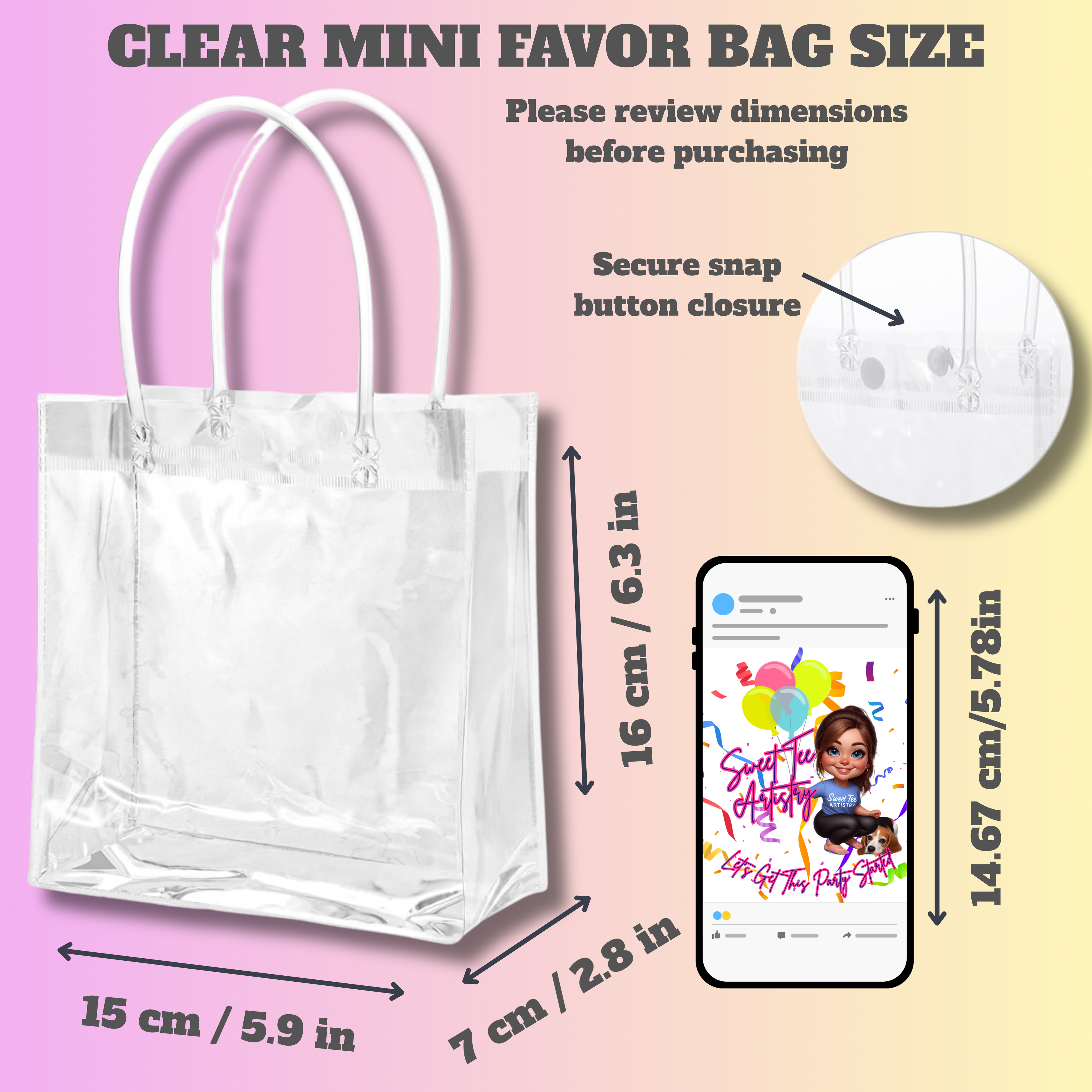 Clear mini PVC party favor bag size chart showing height of 6.3 inches, width of 5.9 inches, and depth of 2.75 inches with secure snap button closure detail for personalized birthday goodie bags.
