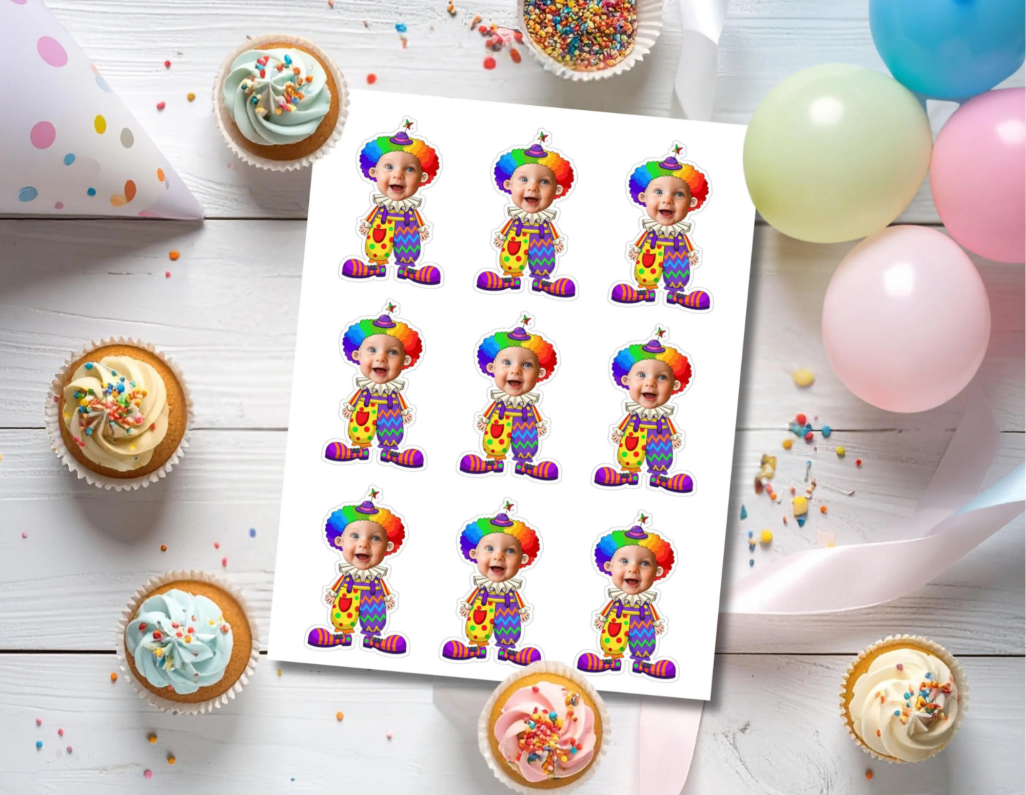 Personalized circus clown photo cupcake toppers showing Rainbow Afro Clown and Rainbow Pigtail Clown styles with child faces displayed on cupcakes for a colorful carnival birthday party