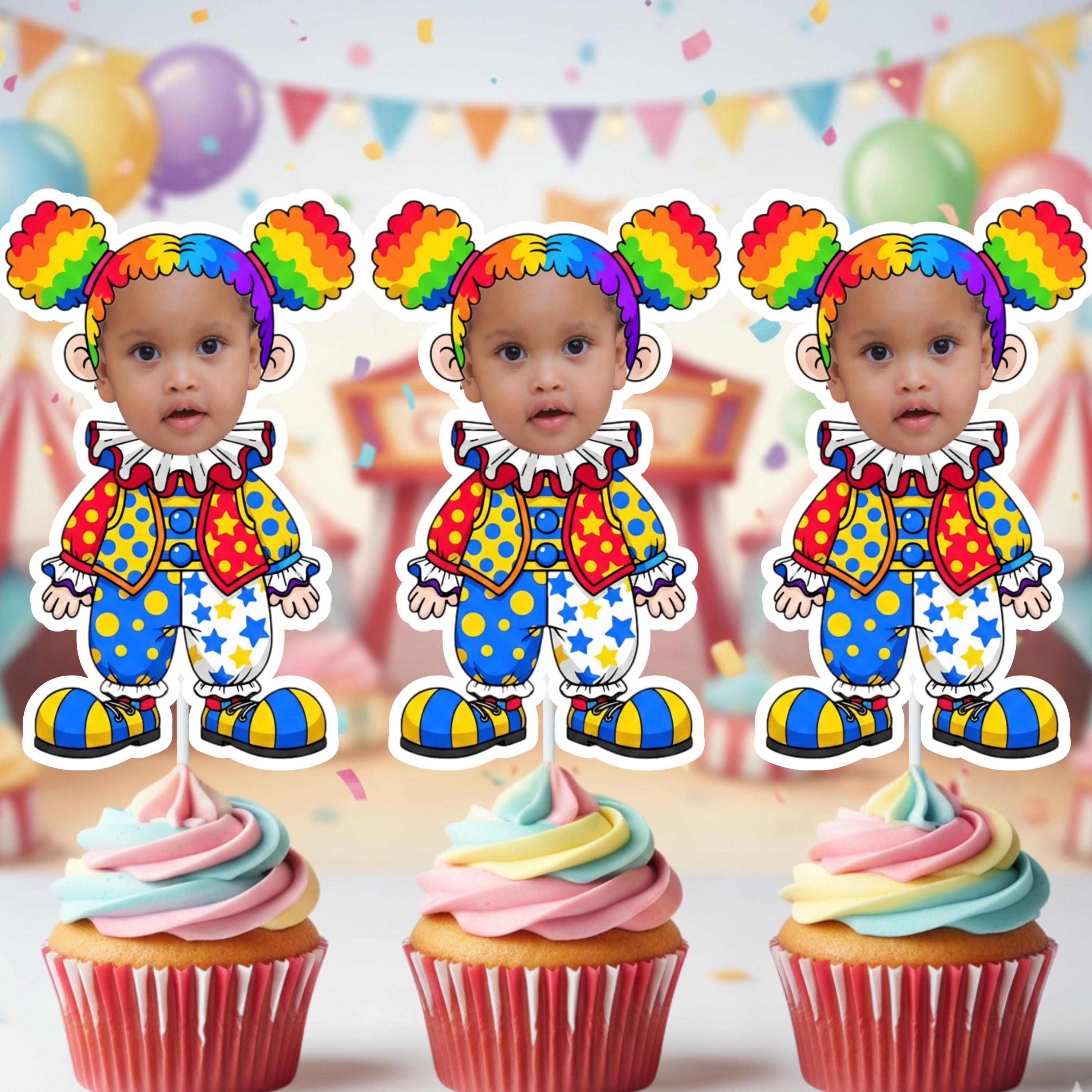 Three clown-themed cupcake toppers with colorful hair and outfits on a blurred birthday party background.