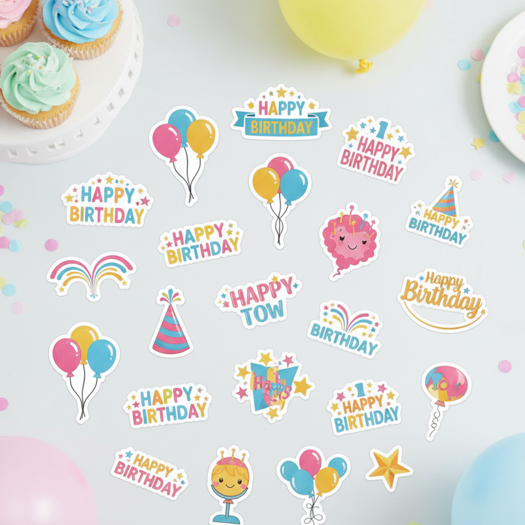 Colorful happy birthday stickers featuring balloons, rainbows, party hats, stars, cakes, and bright birthday lettering arranged on a soft party background. These kids birthday stickers are perfect for birthday party favors, classroom rewards, cupcake toppers, goodie bags, and vibrant birthday decorations for boys and girls.