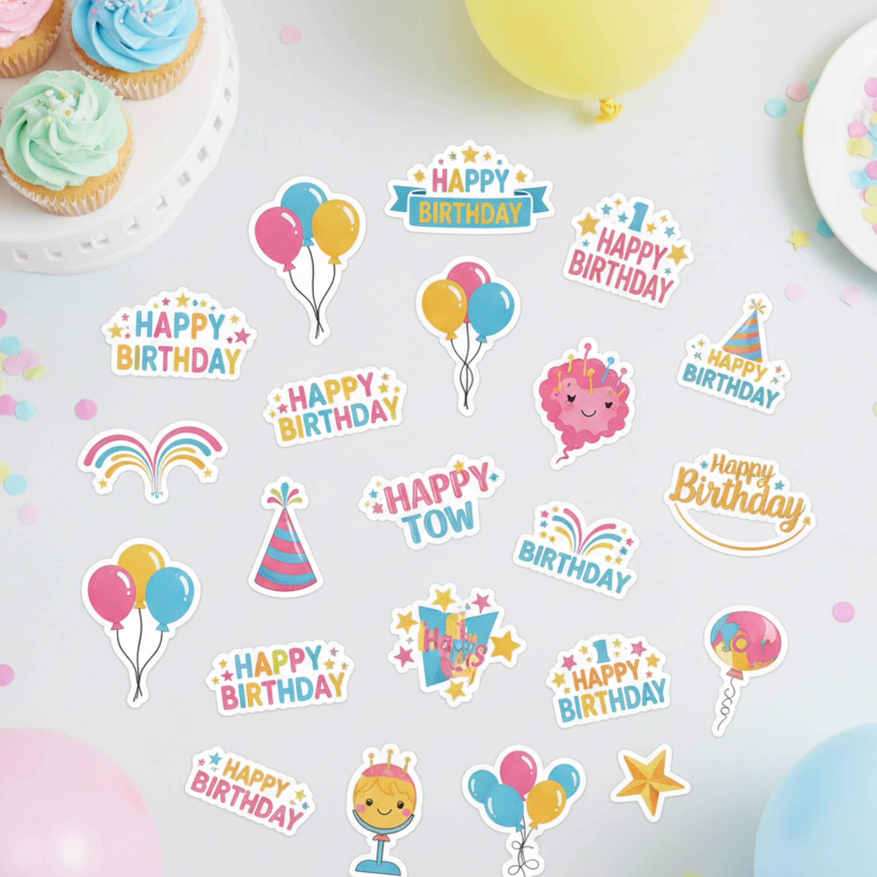 Colorful happy birthday stickers featuring balloons, rainbows, party hats, stars, cakes, and bright birthday lettering arranged on a soft party background. These kids birthday stickers are perfect for birthday party favors, classroom rewards, cupcake toppers, goodie bags, and vibrant birthday decorations for boys and girls.