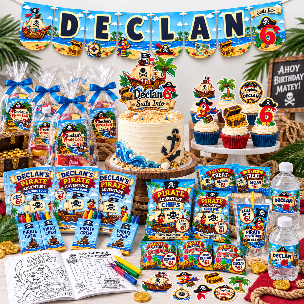 Personalized pirate birthday party package displayed with matching banner, cake topper, cupcake toppers, coloring books, crayons, goodie bags, snacks, stickers and drink favors.
