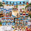 Personalized pirate birthday party package displayed with matching banner, cake topper, cupcake toppers, coloring books, crayons, goodie bags, snacks, stickers and drink favors.
