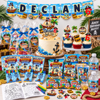 Personalized pirate birthday party package displayed with matching banner, cake topper, cupcake toppers, coloring books, crayons, goodie bags, snacks, stickers and drink favors.