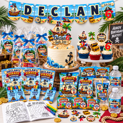 Personalized pirate birthday party package displayed with matching banner, cake topper, cupcake toppers, coloring books, crayons, goodie bags, snacks, stickers and drink favors.