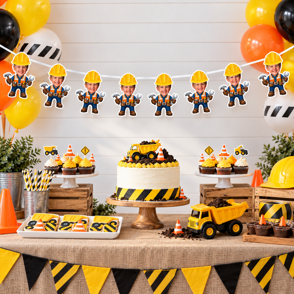 Construction birthday dessert table with personalized photo banner hanging above a cake cupcakes and party decorations in yellow orange black and white