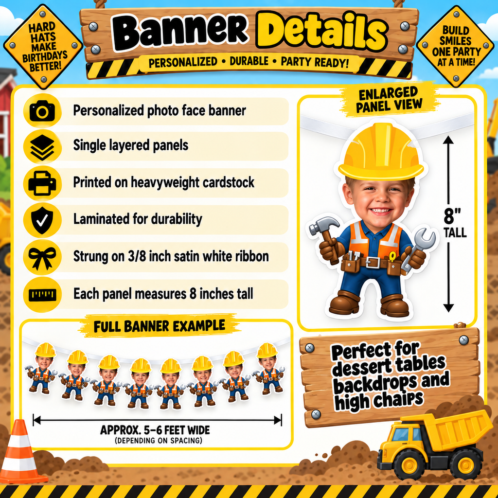 Construction birthday banner details infographic showing personalized photo face banner single layered cardstock panels lamination white satin ribbon and eight inch tall panel size