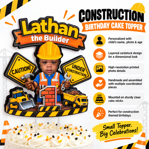 Construction birthday cake topper details graphic showing a personalized layered cardstock topper with childs name photo and age for a construction themed birthday cake