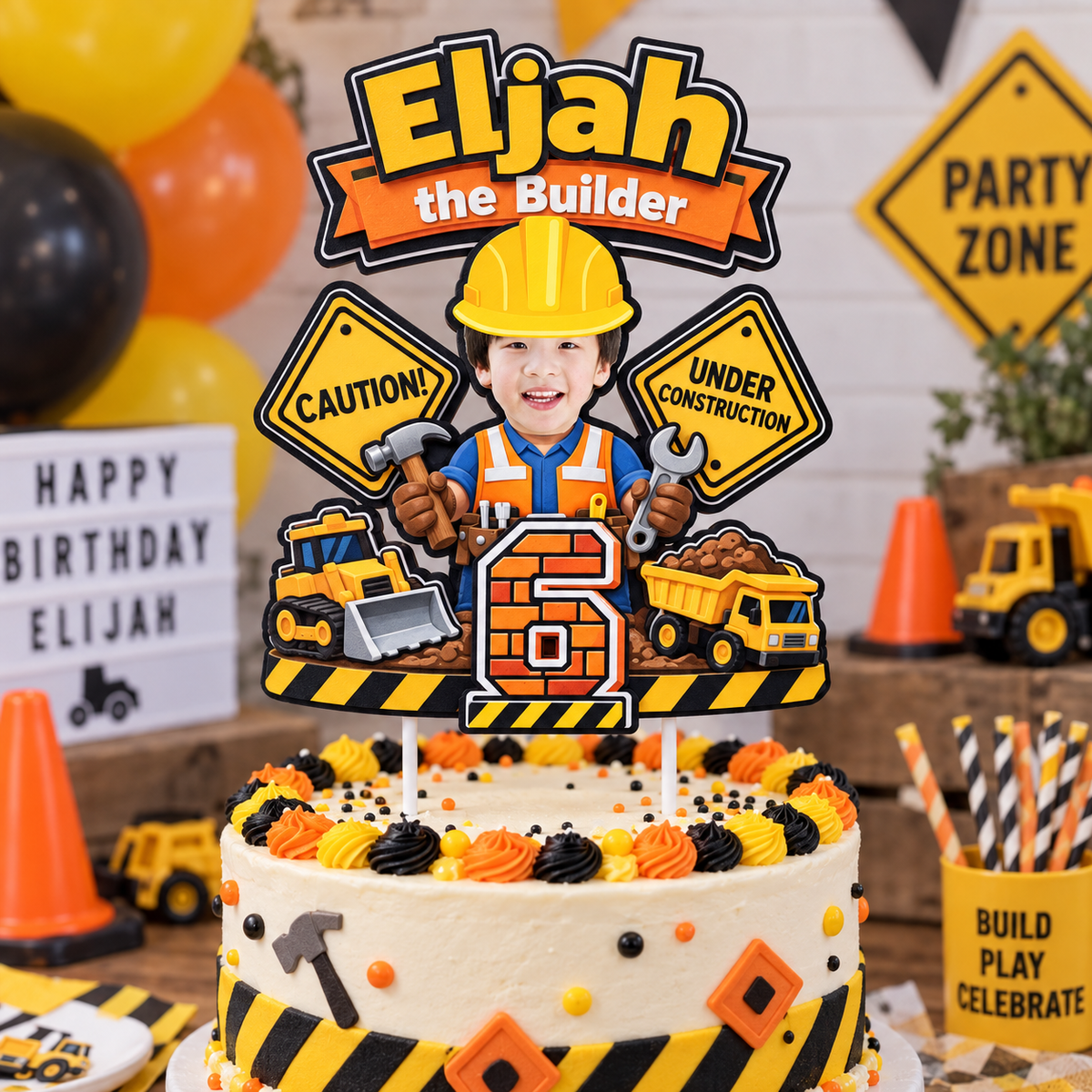 Personalized construction birthday cake topper with the name Elijah and age 6 displayed on a decorated birthday cake at a construction themed party
