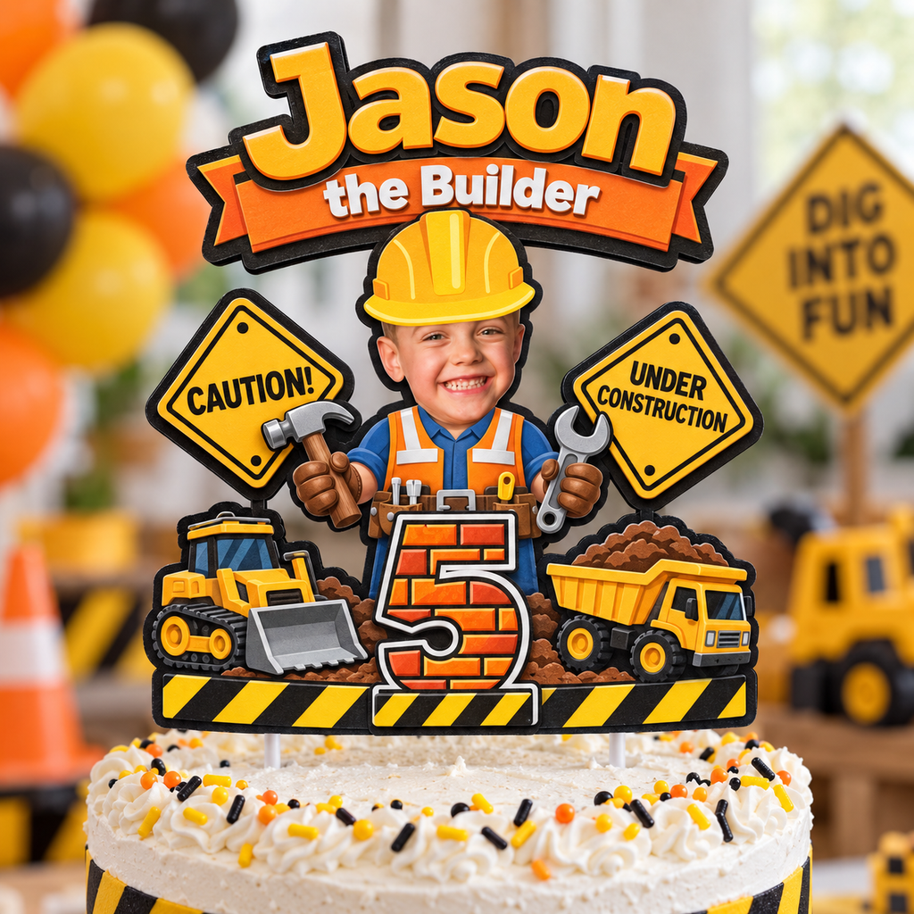 Personalized construction birthday cake topper with the name Jason and age 5 displayed on a white frosted birthday cake with construction party decorations in the background