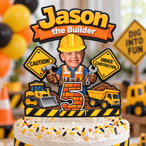 Personalized construction birthday cake topper with the name Jason and age 5 displayed on a white frosted birthday cake with construction party decorations in the background