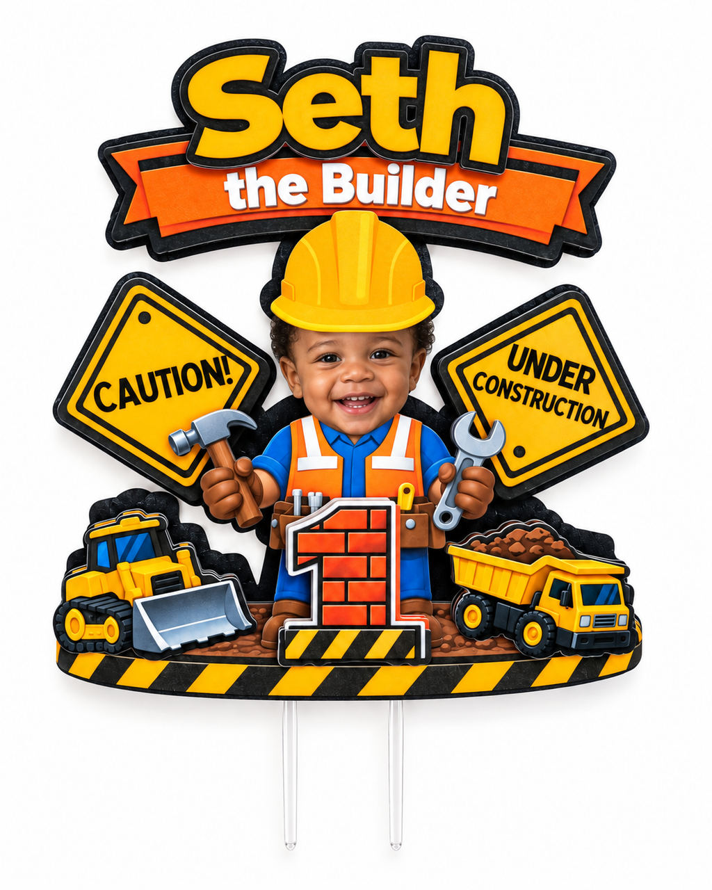 Personalized construction birthday cake topper example with the name Seth and age 1 featuring a child photo in a builder outfit with construction signs and vehicles
