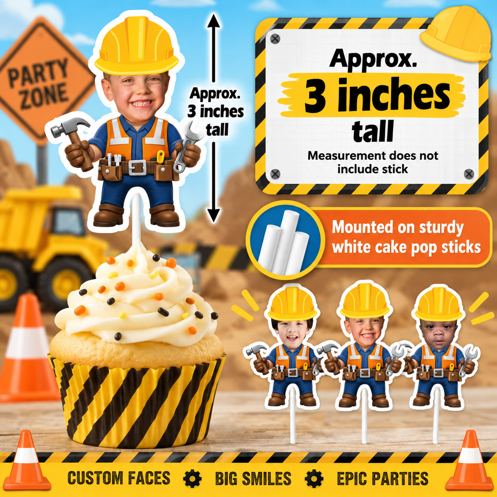 Construction cupcake topper size details image showing personalized face topper approximately 3 inches tall not including the stick and mounted on sturdy white cake pop sticks