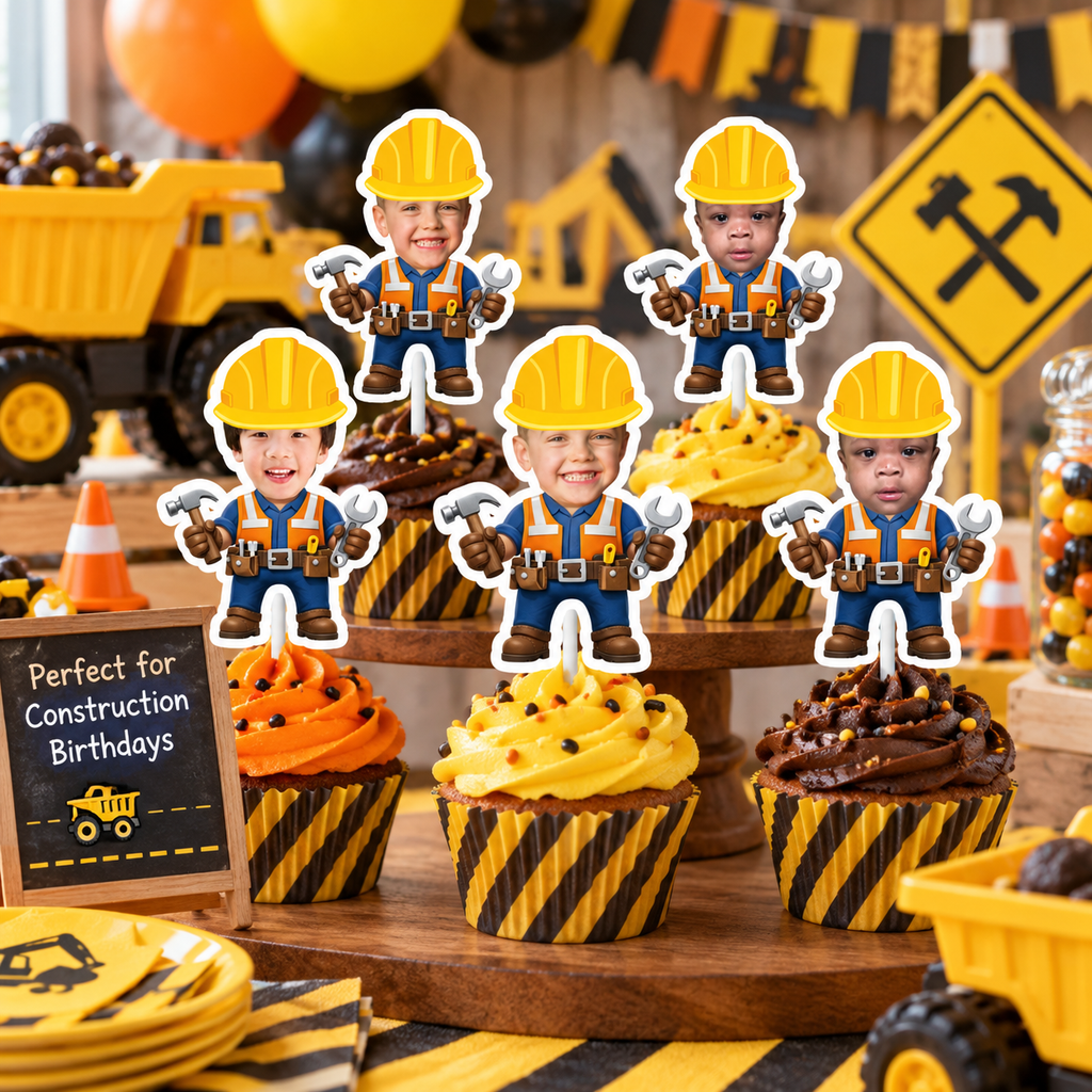Personalized construction cupcake toppers displayed on cupcakes at a construction themed dessert table with yellow orange and black party decorations and dump truck accents