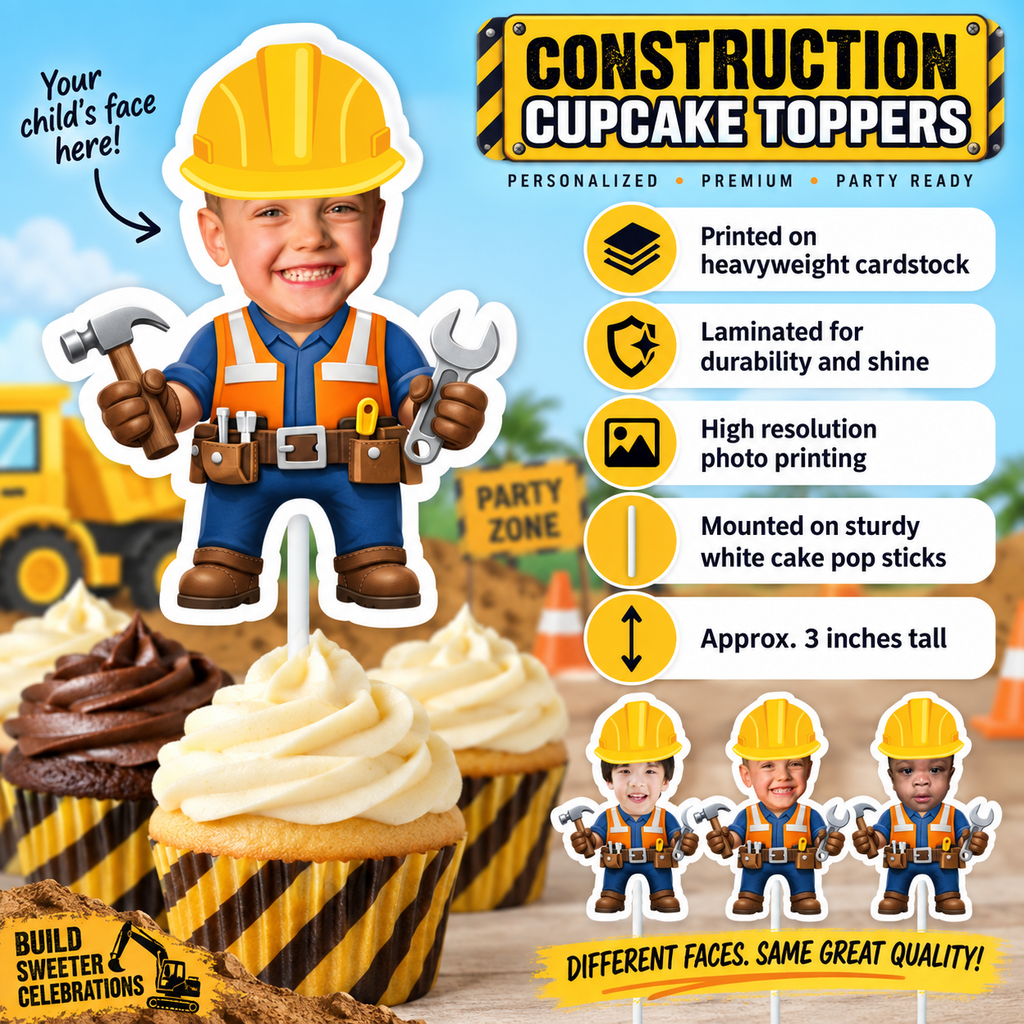Construction cupcake toppers product details graphic showing personalized photo toppers printed on heavyweight cardstock laminated for durability high resolution photo printing mounted on white cake pop sticks and approximately 3 inches tall