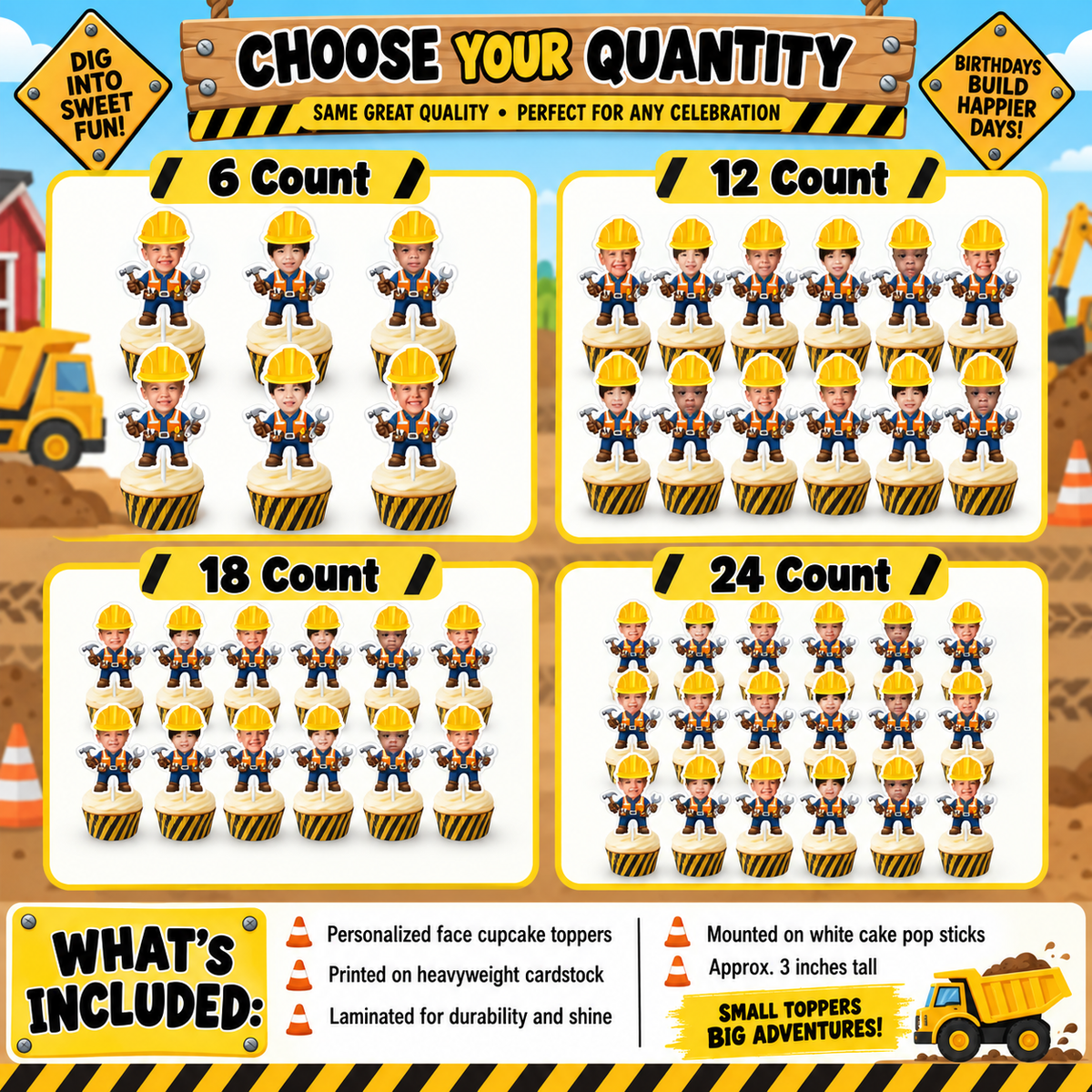Construction cupcake topper quantity guide showing personalized face cupcake toppers available in 6 count 12 count 18 count and 24 count with details about heavyweight cardstock lamination white cake pop sticks and approximate 3 inch topper size