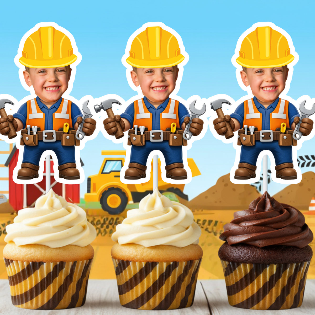 Three personalized construction cupcake toppers displayed on cupcakes with vanilla and chocolate frosting in a bright construction themed party scene