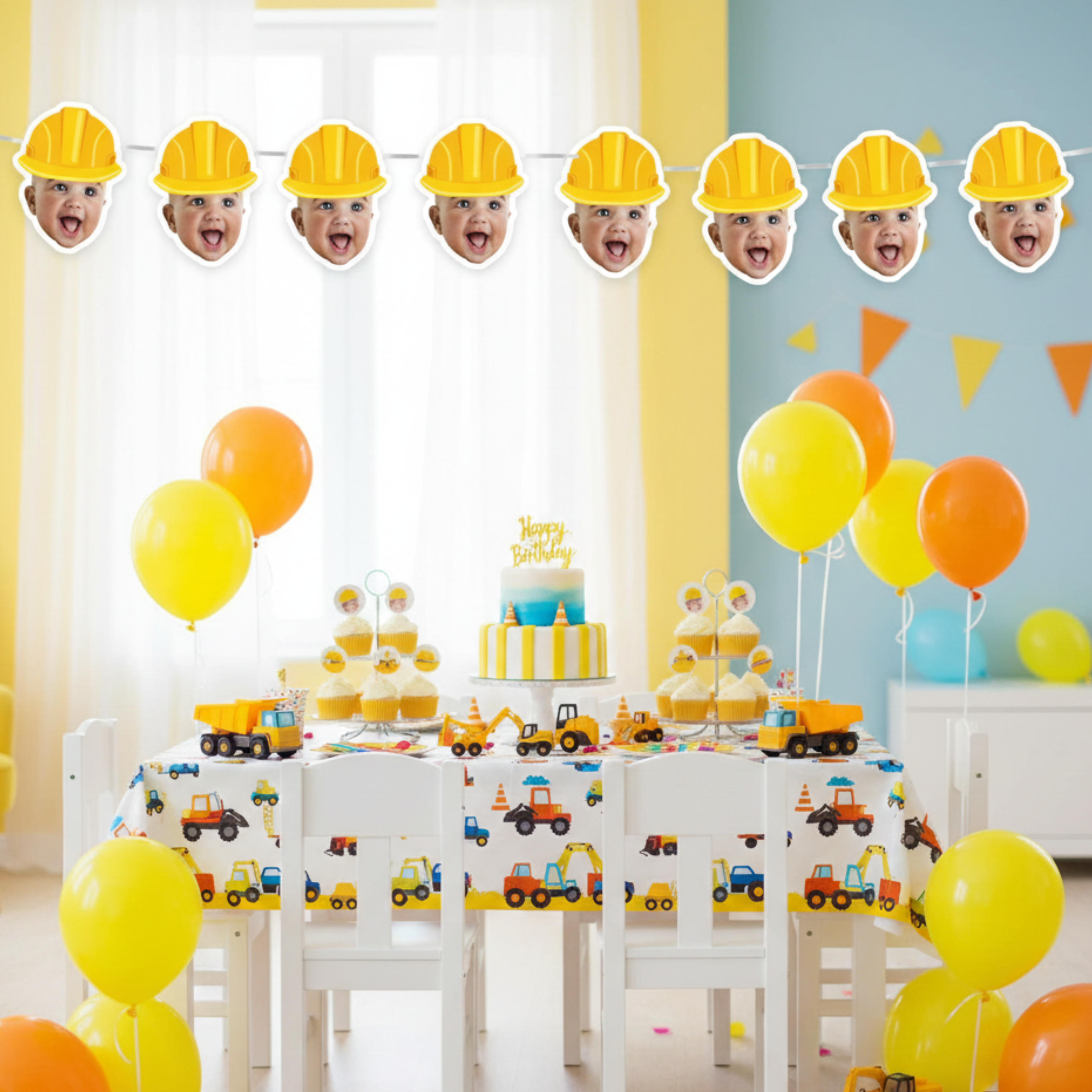 Children's birthday party setup with construction-themed decorations, balloons, and cake.