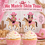Personalized cowgirl horse cupcake topper product details showing three inch height heavyweight cardstock laminated finish white cake pop stick and durable keepsake quality