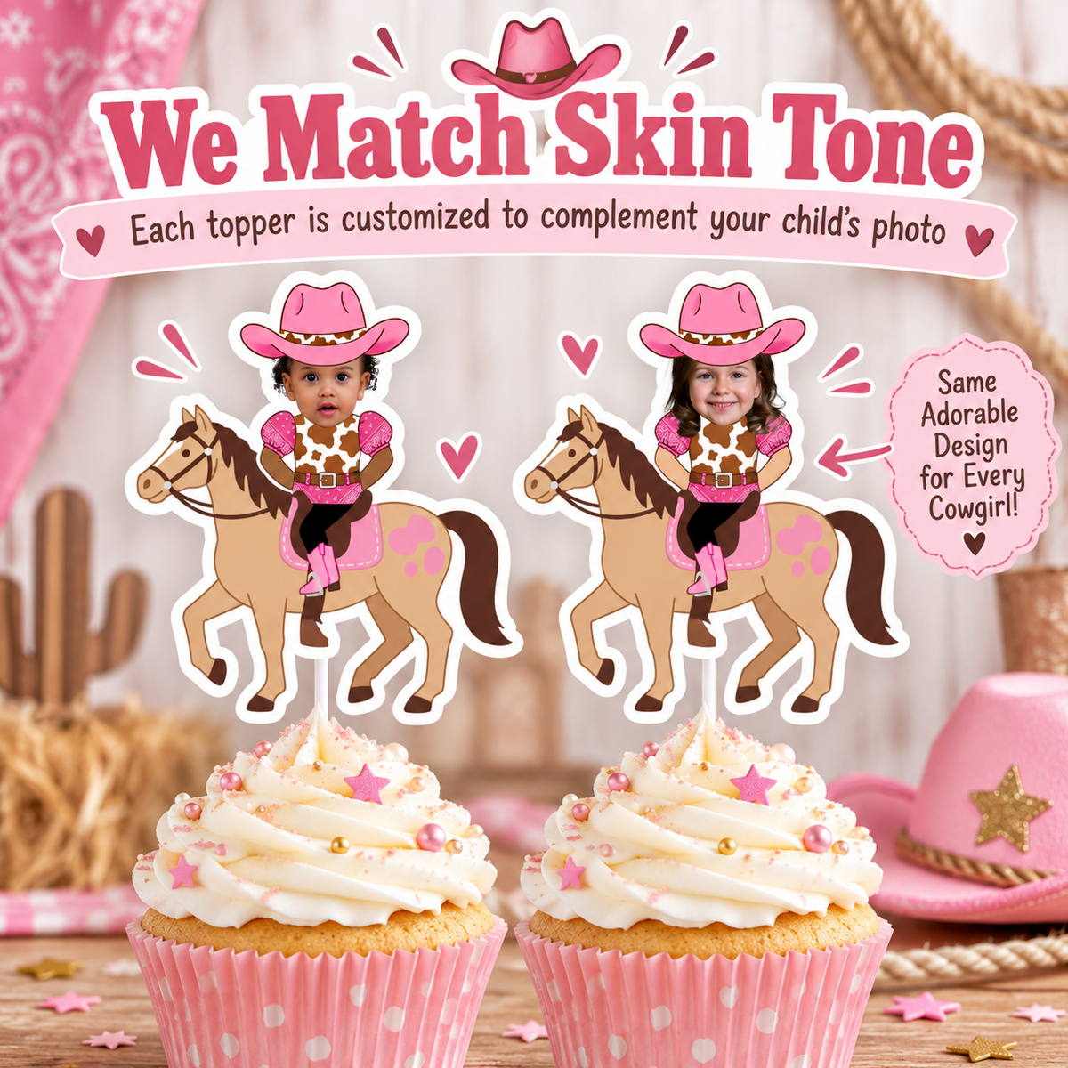 Personalized cowgirl horse cupcake topper product details showing three inch height heavyweight cardstock laminated finish white cake pop stick and durable keepsake quality