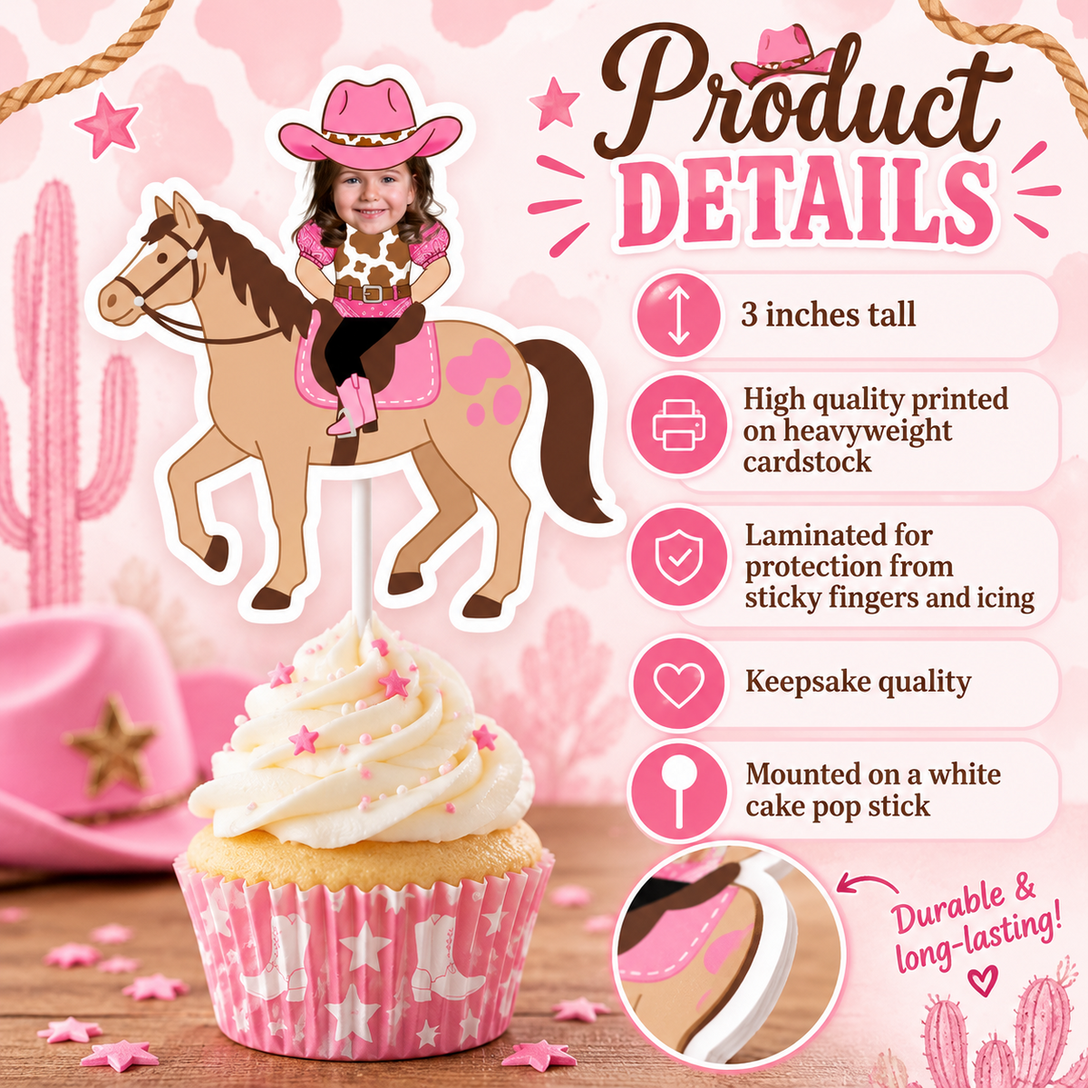 Personalized cowgirl horse cupcake toppers showing two children with different skin tones in the same pink western horse riding design to demonstrate customized photo editing
