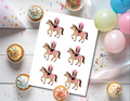 Printable sheet of personalized cowgirl horse photo cupcake toppers featuring a child in a pink cowboy hat riding a western horse