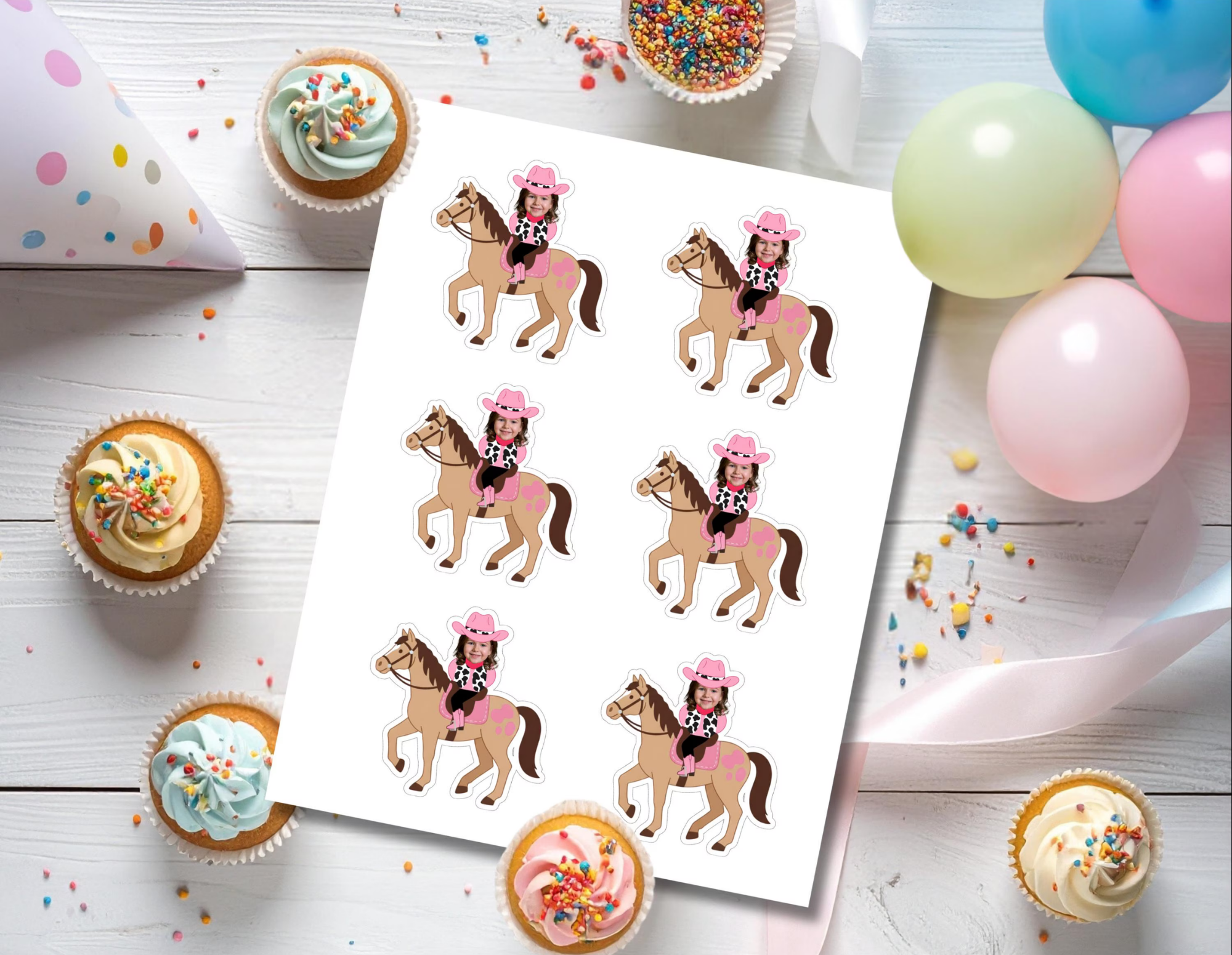 Printable sheet of personalized cowgirl horse photo cupcake toppers featuring a child in a pink cowboy hat riding a western horse