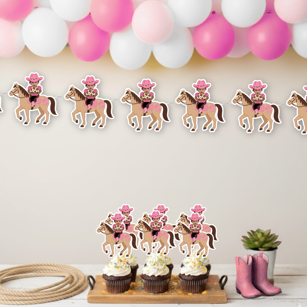 Personalized cowgirl photo banner displayed above matching cupcake toppers for a My First Rodeo birthday dessert table. This coordinated western birthday setup features the custom cowgirl banner paired with matching photo cupcake toppers for a complete rodeo party look.
