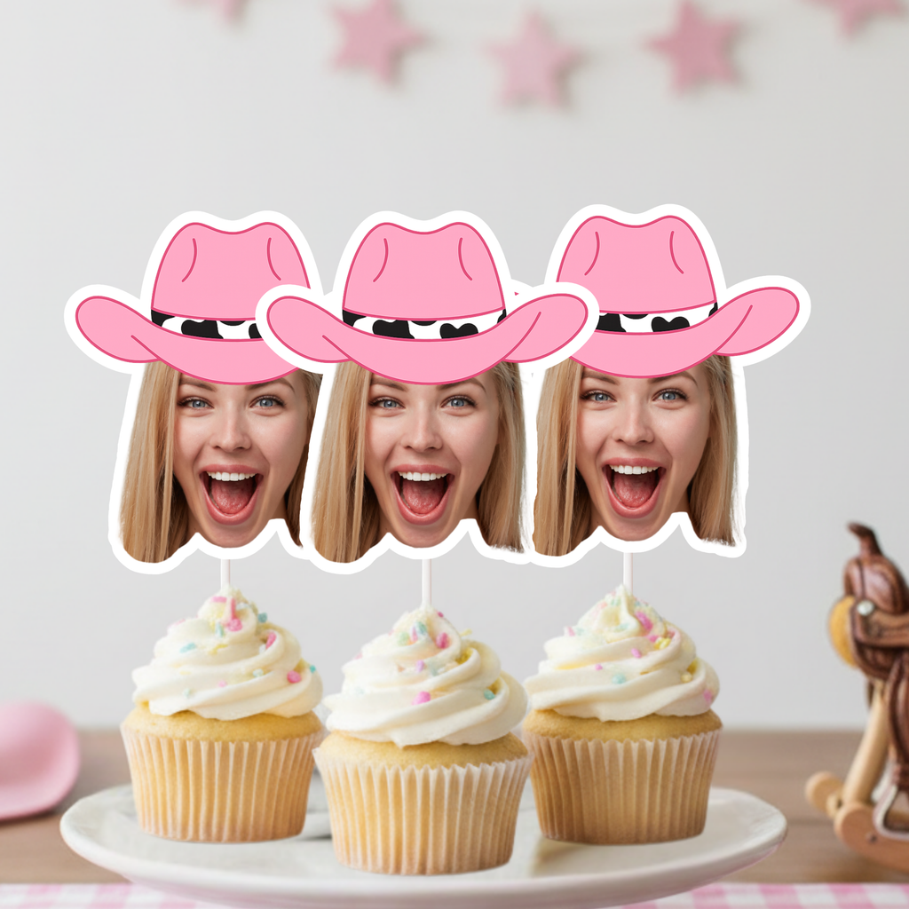 Custom cowgirl bachelorette party photo cupcake toppers featuring personalized face cutouts and pink western hats, designed for bride squad desserts, girls trip party decor, and western themed bachelorette celebrations.