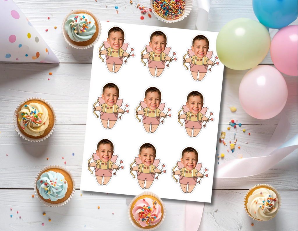 Printable Cupid photo cupcake toppers featuring both girl and boy Valentine Cupid design options with a child’s face added to each character