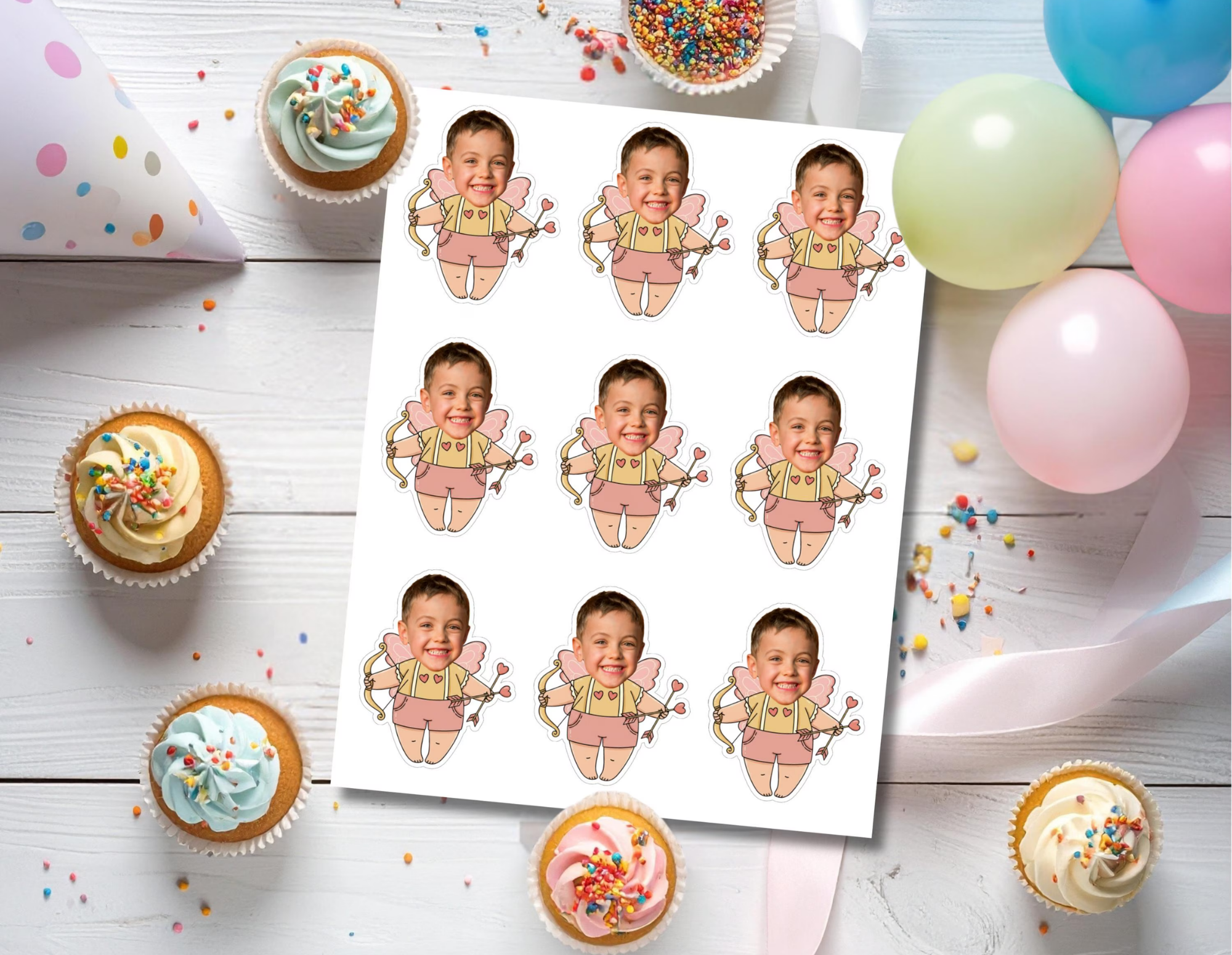 Printable Cupid photo cupcake toppers featuring both girl and boy Valentine Cupid design options with a child’s face added to each character