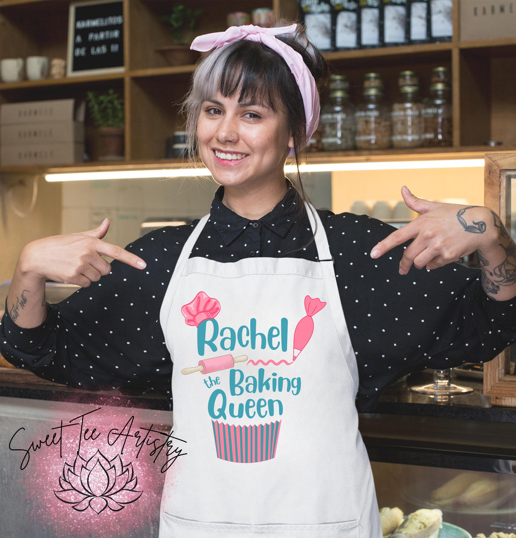 Woman wearing a personalized apron with 'Baking Queen' design in a kitchen setting.