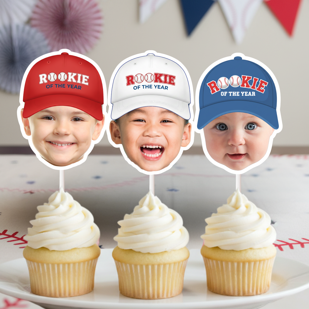 Custom baseball photo cupcake toppers featuring red, white, and blue Rookie of the Year hat designs, ideal for first birthday parties, All Star celebrations, and sports themed kids birthday decor.