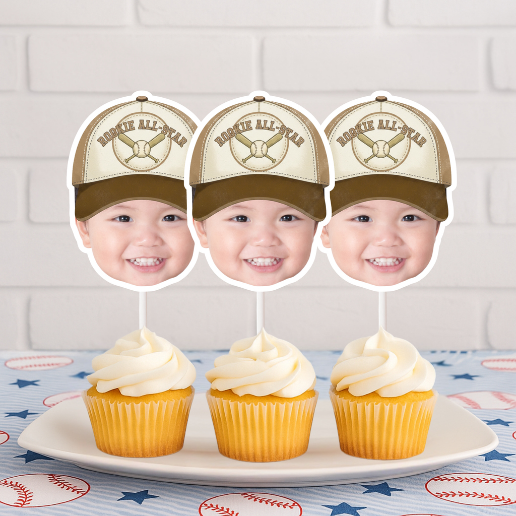 Custom Photo Baseball Rookie All American Cupcake Toppers in vintage tan and brown colorway displayed on cupcakes for baseball themed first birthday celebration and sports party desserts.