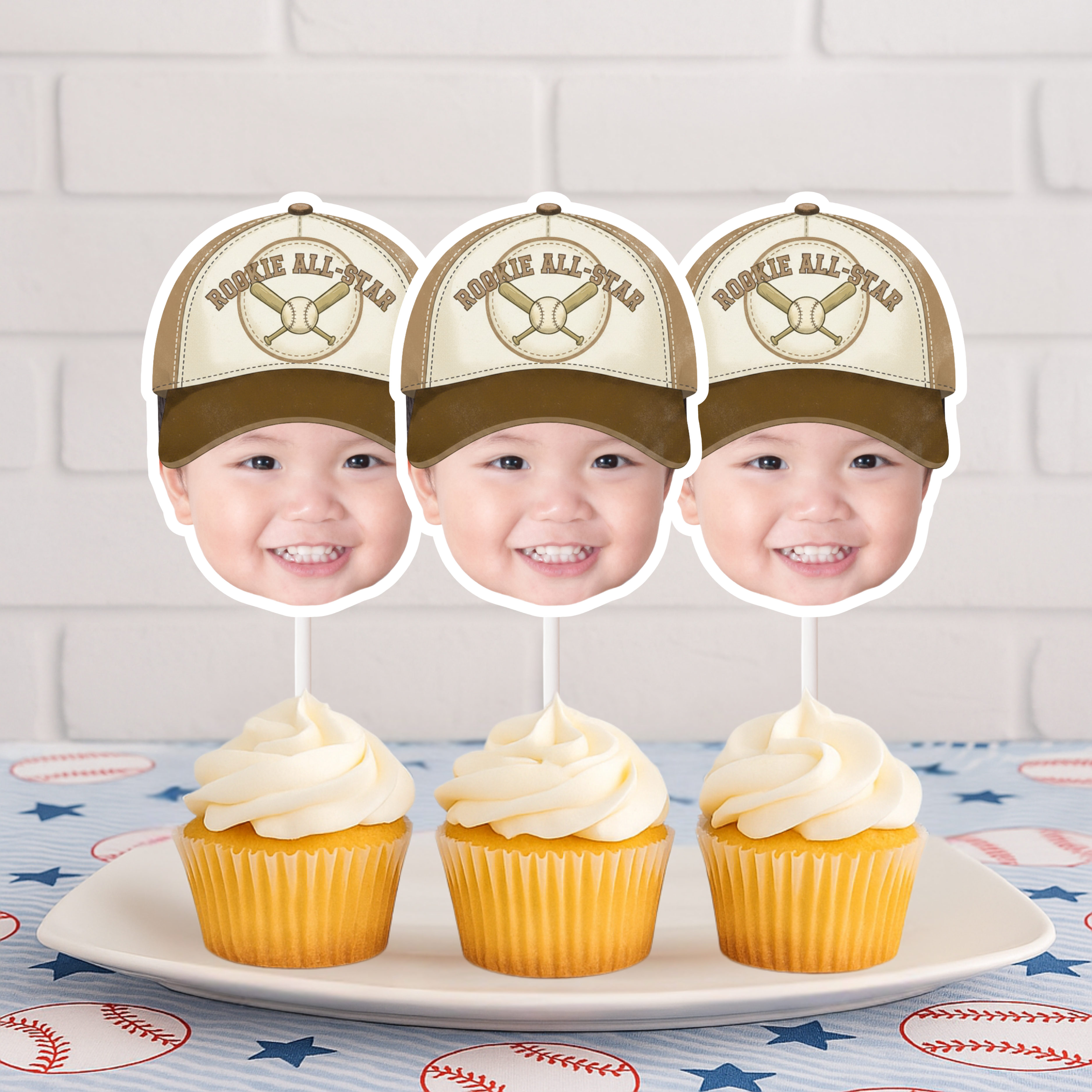 Custom Photo Baseball Rookie All American Cupcake Toppers in vintage tan and brown colorway displayed on cupcakes for baseball themed first birthday celebration and sports party desserts.