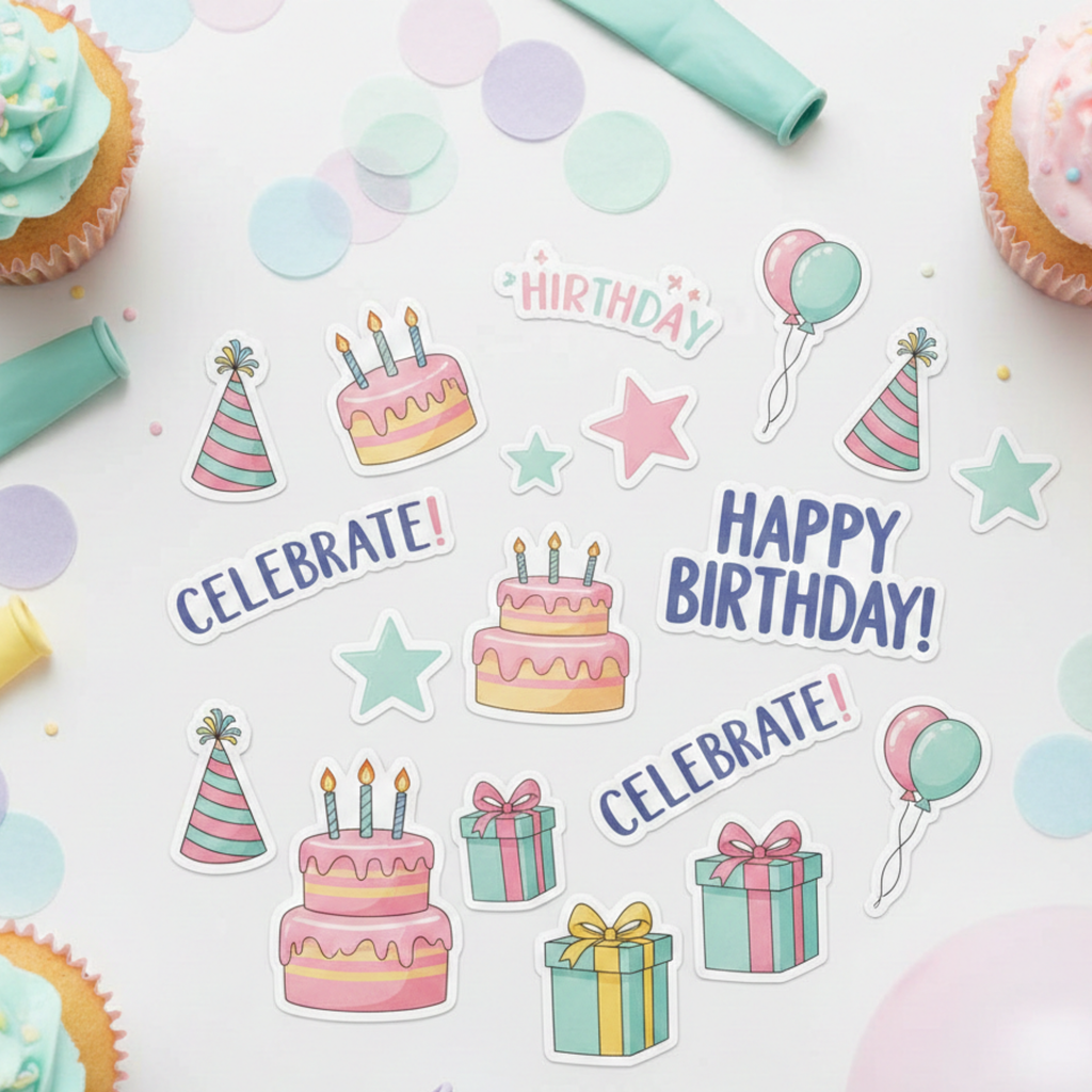 Glossy custom birthday party stickers arranged in an overhead flat lay featuring cake, balloons, party hats, stars, and gift designs. The die cut stickers have clean white offset borders and vibrant pastel colors, showcasing a variety of birthday theme options. These personalized party favor stickers are perfect for treat bags, cups, dessert tables, and celebration decorations.