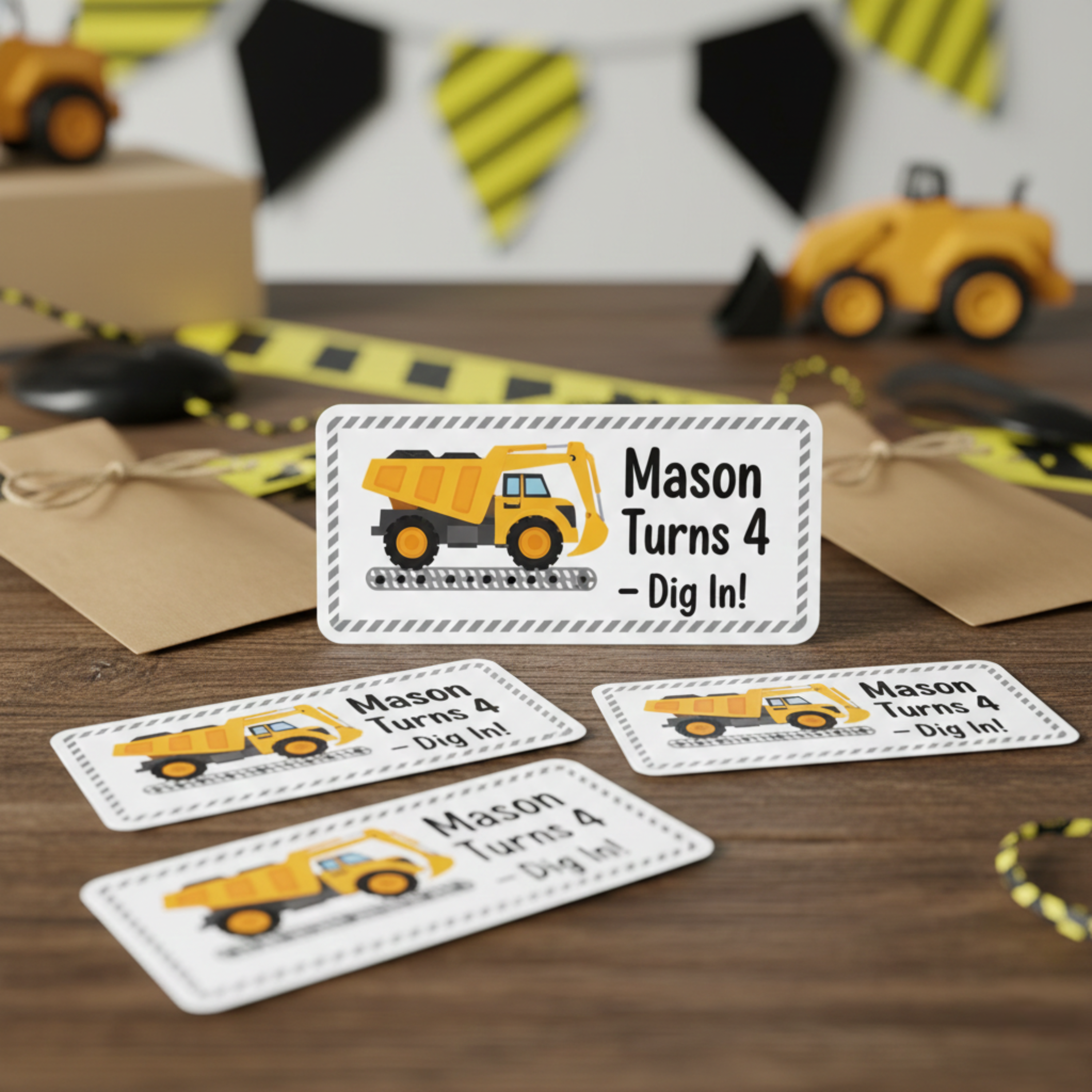 Glossy custom construction birthday party stickers personalized with name and age displayed on a themed party table with trucks and black and yellow decor. The die cut design features a dump truck graphic with crisp print detail and clean white borders. These personalized birthday party favor stickers are perfect for treat bags, cups, and construction themed celebrations.
