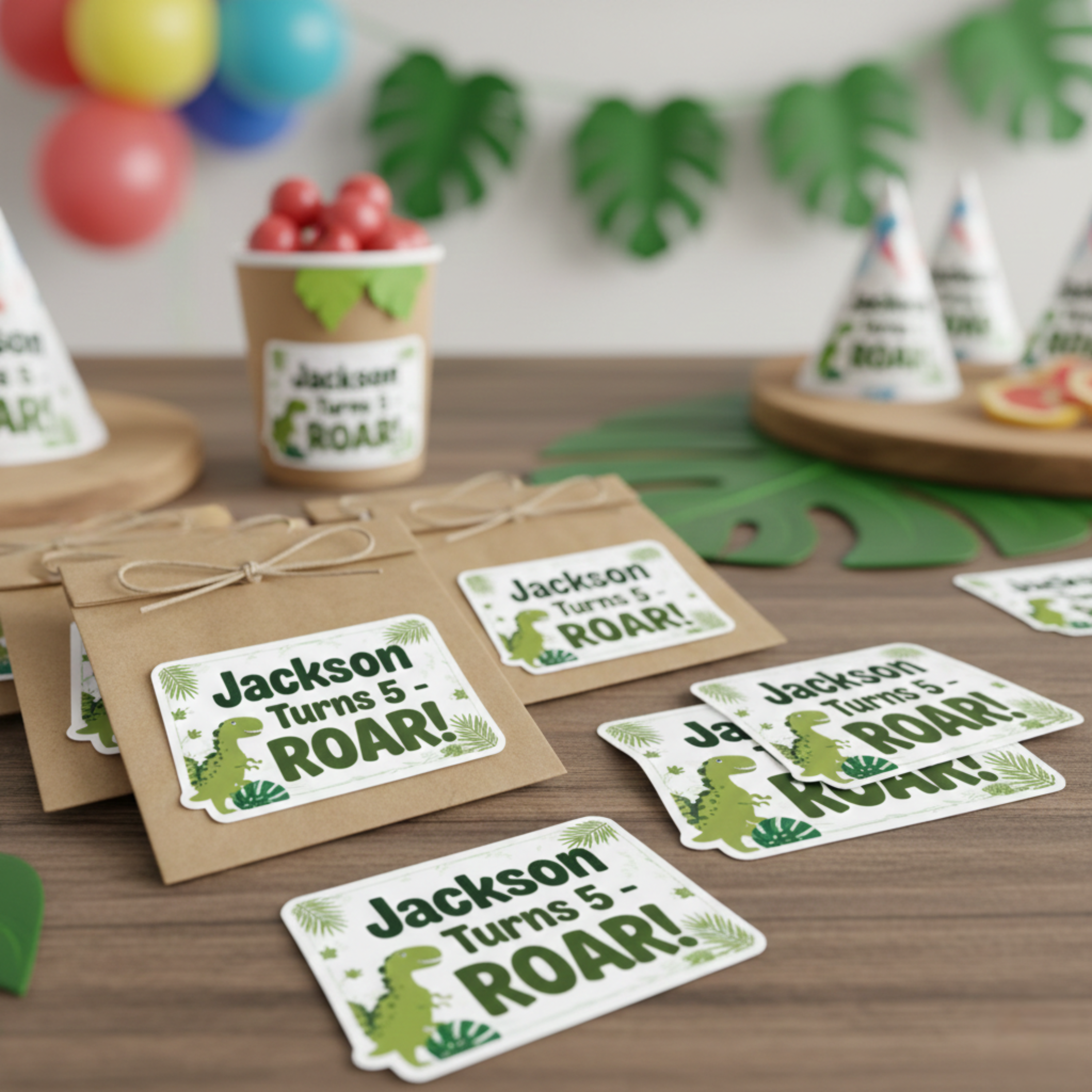 Glossy custom dinosaur birthday party stickers personalized with name and age displayed on kraft paper favor bags and arranged on a party table. This “ROAR” themed design features green dinosaur graphics with clean white die cut borders and vibrant print detail. These personalized birthday stickers are perfect for treat bags, party favors, and themed dessert table decorations.