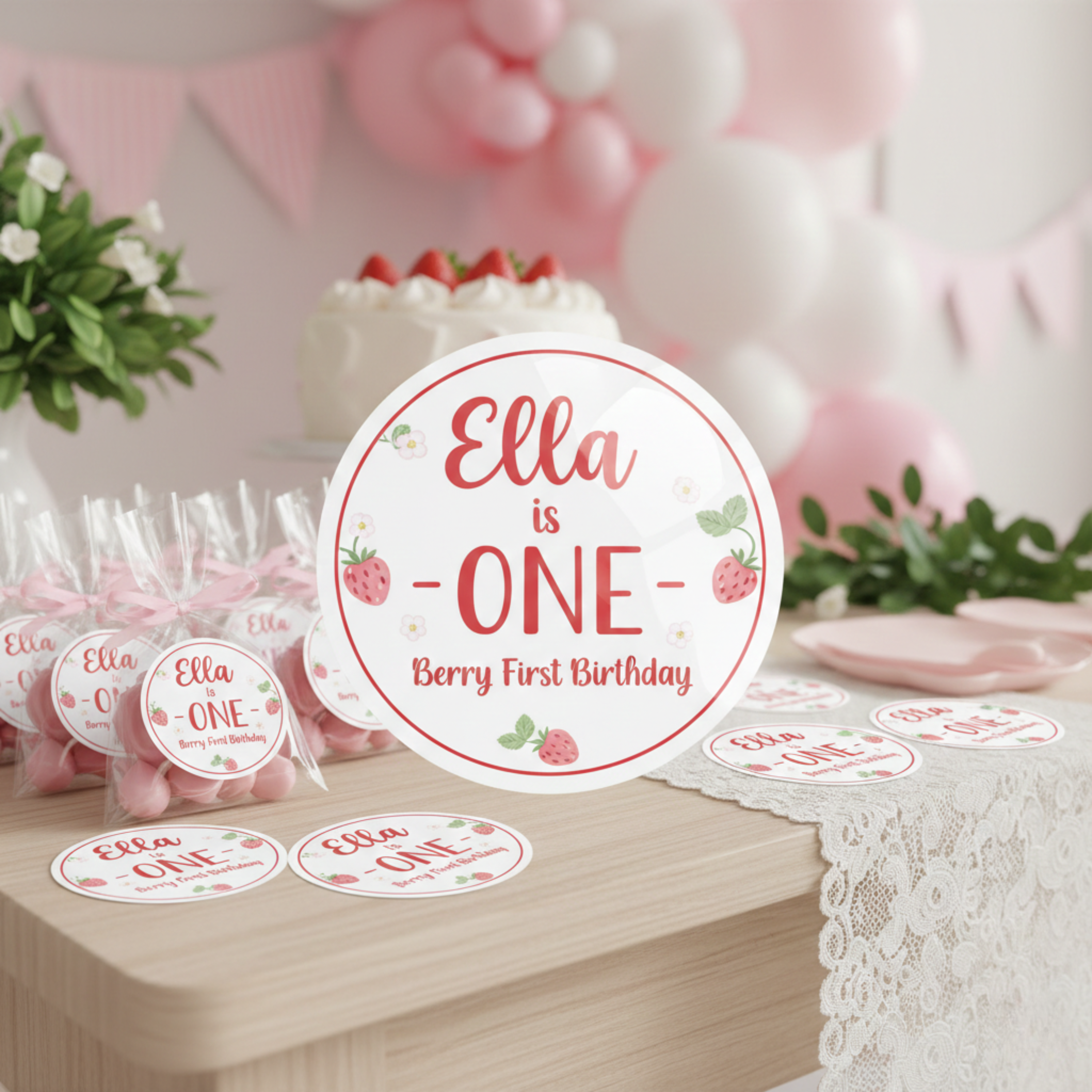 Glossy custom first birthday party favor stickers personalized with name and age displayed at a soft pink “Berry First Birthday” dessert table setup. The round die cut design features strawberry accents with clean white borders and vibrant print detail. These personalized milestone birthday stickers are perfect for treat bags, dessert tables, and first birthday party decorations.