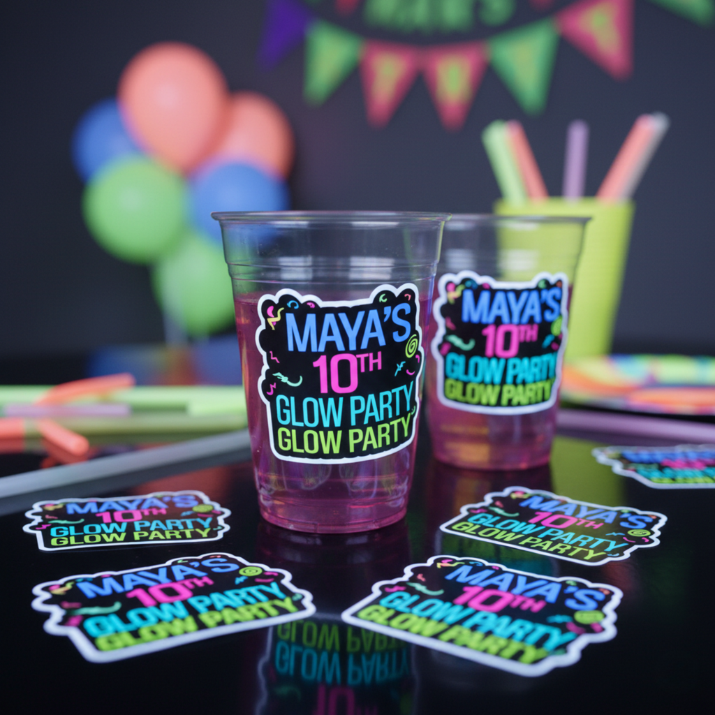 Glossy custom glow party birthday stickers personalized with name and age displayed on clear plastic party cups with neon decor in the background. The vibrant die cut design features bold lettering with bright pink, blue, and green accents, perfect for tween and preteen birthday celebrations. These personalized party favor stickers are ideal for labeling cups, treat bags, and glow themed birthday decorations.