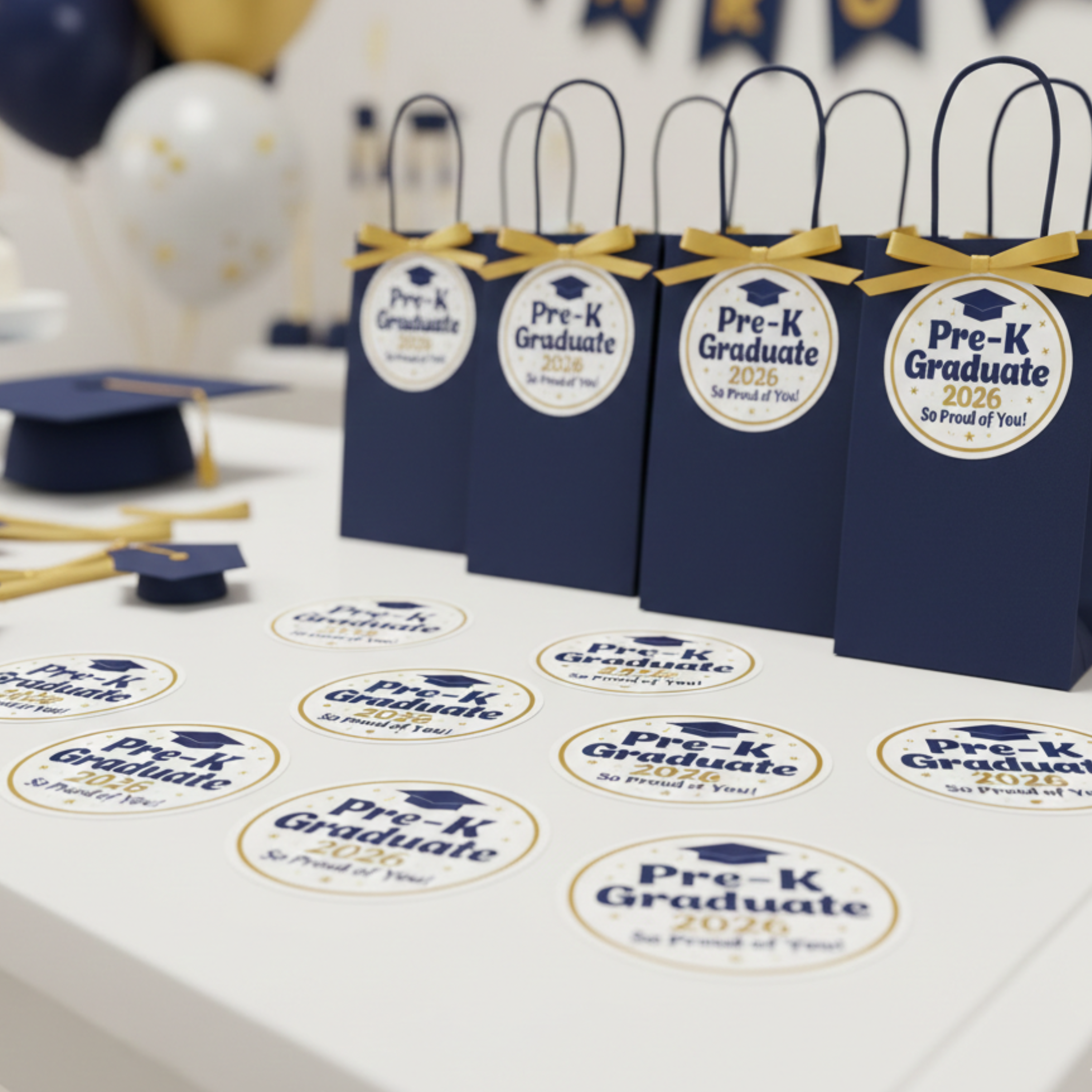 Glossy custom graduation party favor stickers displayed on navy gift bags with gold ribbon at a Pre-K graduation celebration. The round die cut design features classic blue and gold accents with a graduation cap graphic and clean white borders. These personalized celebration stickers are perfect for treat bags, party favors, and milestone graduation decorations.
