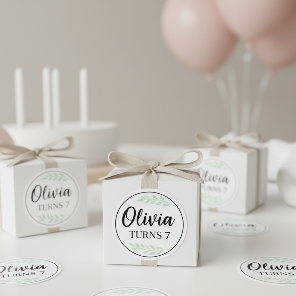 Glossy custom minimalist birthday party favor stickers personalized with name and age displayed on elegant white favor boxes tied with linen ribbon. The clean round design features modern black script with soft green botanical accents and crisp white die cut borders. These personalized birthday stickers are perfect for modern party decor, favor boxes, and upscale celebration themes.