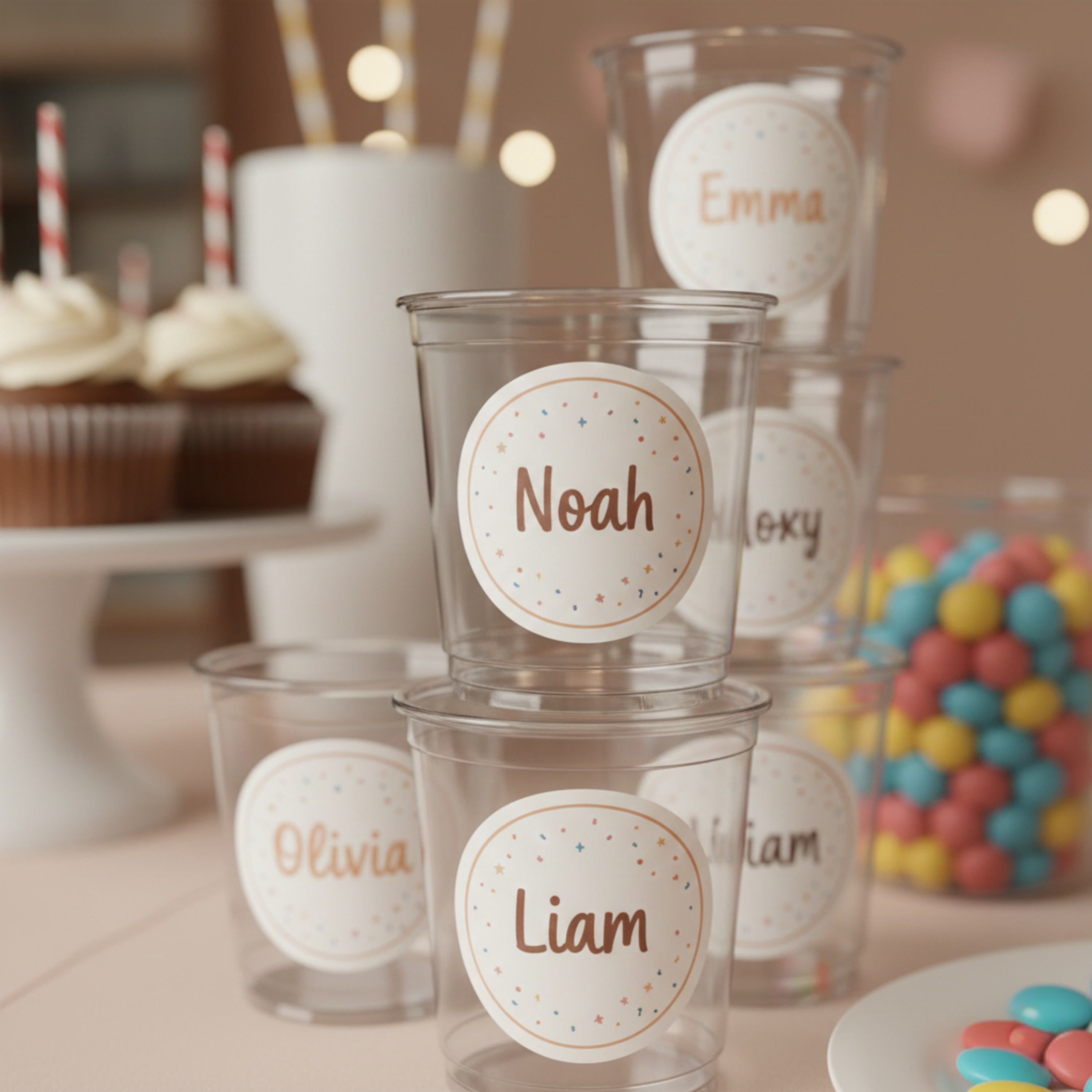 Personalized birthday party name stickers displayed on clear plastic party cups featuring children’s names including Noah, Liam, Olivia, and Emma. These custom round die cut stickers have a confetti border design and are perfect for labeling party cups, favor bags, dessert tables, and classroom celebrations. Ideal for custom kids birthday party favors, event name labels, and coordinated party decor.