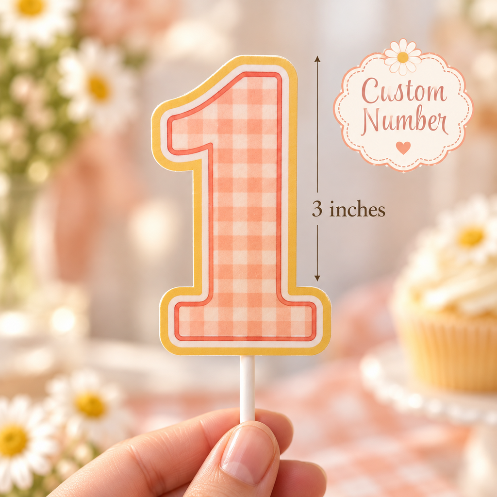 Close up of a pink gingham custom number One Silly Goose cupcake topper showing the approximately 3 inch topper size.