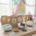 Glossy custom party favor stickers displayed at a colorful birthday setup featuring pool party, dinosaur, construction, glow party, and first birthday themes. Personalized name and age stickers are shown on kraft favor bags and arranged in bowls, highlighting their vibrant print quality and clean die cut edges. These custom birthday stickers are perfect for cups, treat bags, and dessert table decorations.