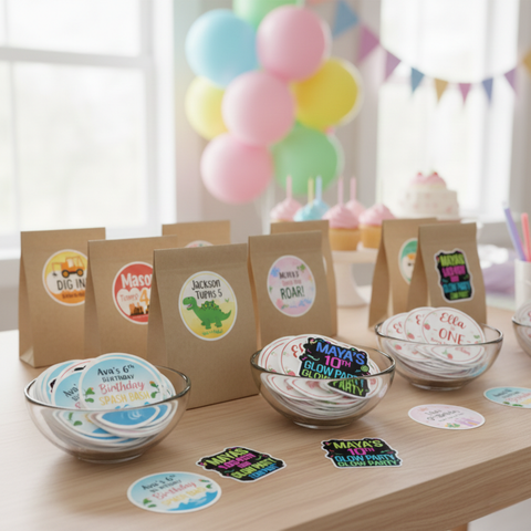 Glossy custom party favor stickers displayed at a colorful birthday setup featuring pool party, dinosaur, construction, glow party, and first birthday themes. Personalized name and age stickers are shown on kraft favor bags and arranged in bowls, highlighting their vibrant print quality and clean die cut edges. These custom birthday stickers are perfect for cups, treat bags, and dessert table decorations.
